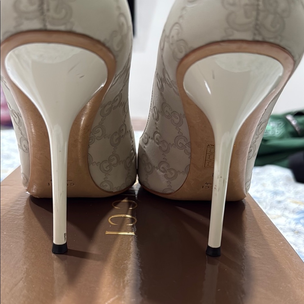 Gucci Cream Monogram Peep-Toe Heels - Picture 5 of 7